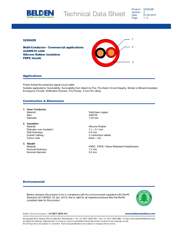 300m(롤) 벨덴5220UZE (미터당 ₩5,770) 벨덴케이블 5220UZE BELDEN 5220UZE 2C 16AWG Security & Alarm (레드)
