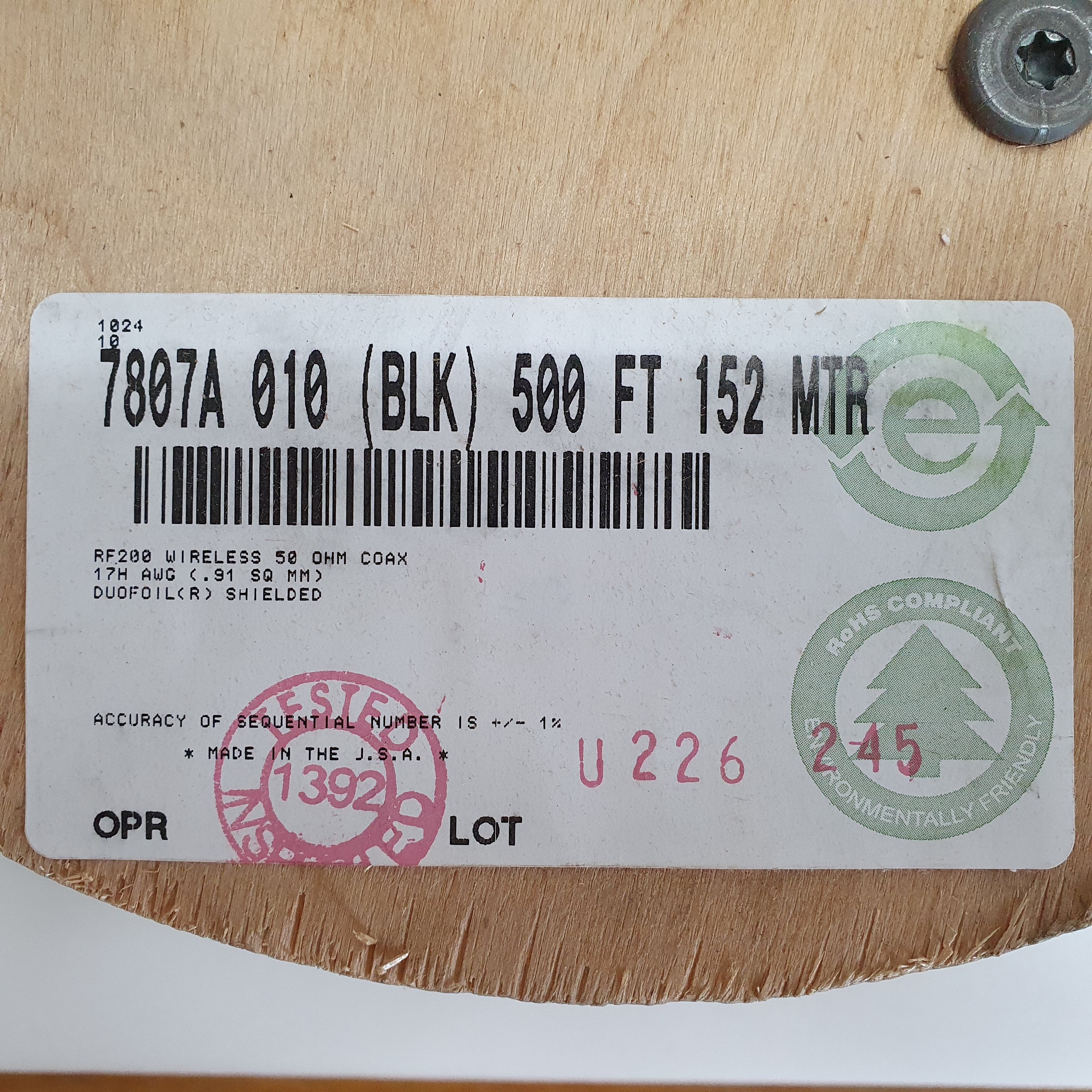 150m(롤) 벨덴7807A (미터당 ₩4,040) 벨덴케이블 7807A BELDEN 7807A 1Coax 17AWG RF 200 동축케이블 블랙