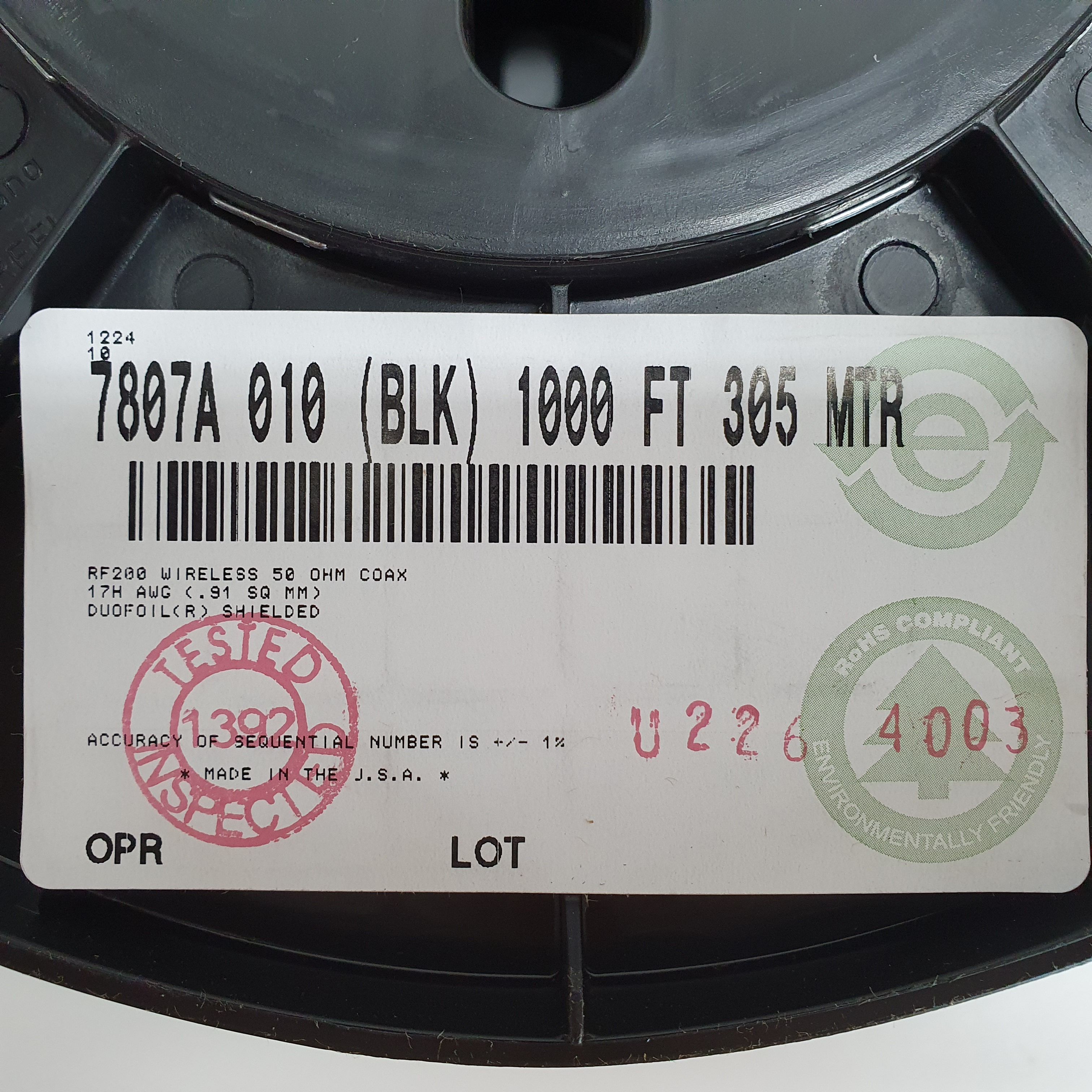 300m(롤) 벨덴7807A (미터당 ₩3,920) 벨덴케이블 7807A BELDEN 7807A 1Coax 17AWG RF 200 동축케이블 블랙