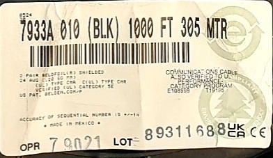300m(롤) 벨덴7933A (미터당 ₩3,870) 벨덴케이블 7933A BELDEN 7933A 2Pr 24AWG Paired 블랙