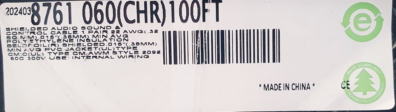 30m(롤) 벨덴8761 미터당 ₩1,800 벨덴케이블 8761 BELDEN 8761 1Pr 22AWG Paired