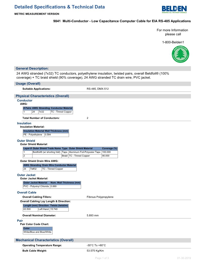 300m(롤) 벨덴9841 미터당 ₩3,000 벨덴케이블 9841 BELDEN 9841 RS485 1P 24AWG
