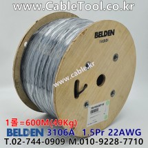 600m(롤) 벨덴3106A 미터당 ₩5,400 벨덴케이블 3106A BELDEN 3106A 1Pr 22AWG + 1C 22AWG RS-485